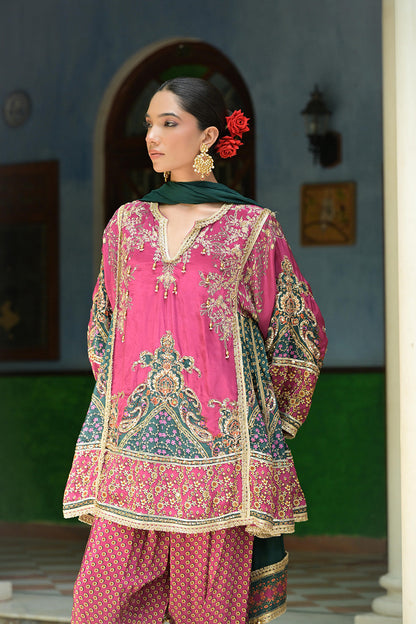 Pink Crepe Short Kurta With Printed Farshi Pants And Dupatta