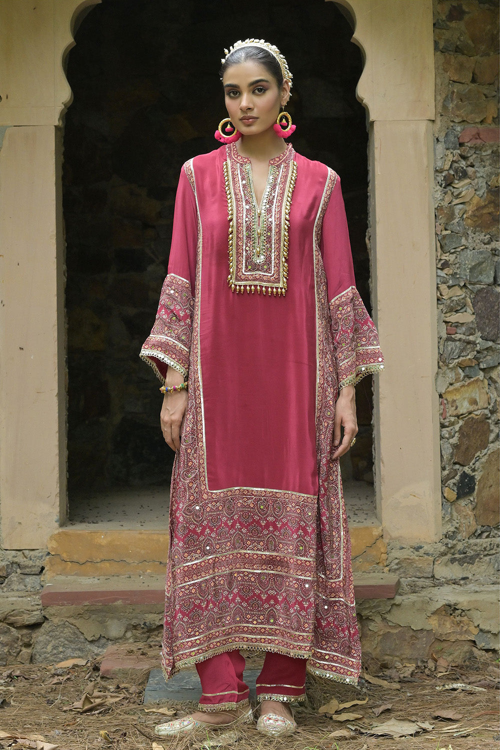 Pink Solid Crepe A Line Long Suit With Printed Borders
