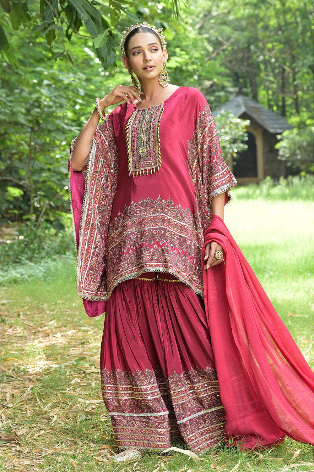 Pink Solid Crepe Sharara Pant Kaftan Suit With Printed Detailing