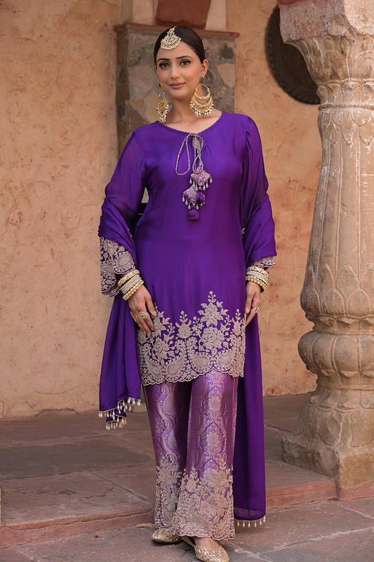 Purple Brocade Kurti Pant Set Designer Floral Festive Wear