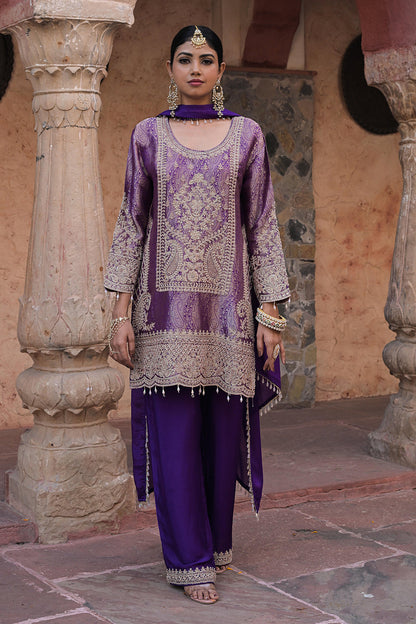 Purple Brocade Kurti Pant Set Elegant Festive Party Look