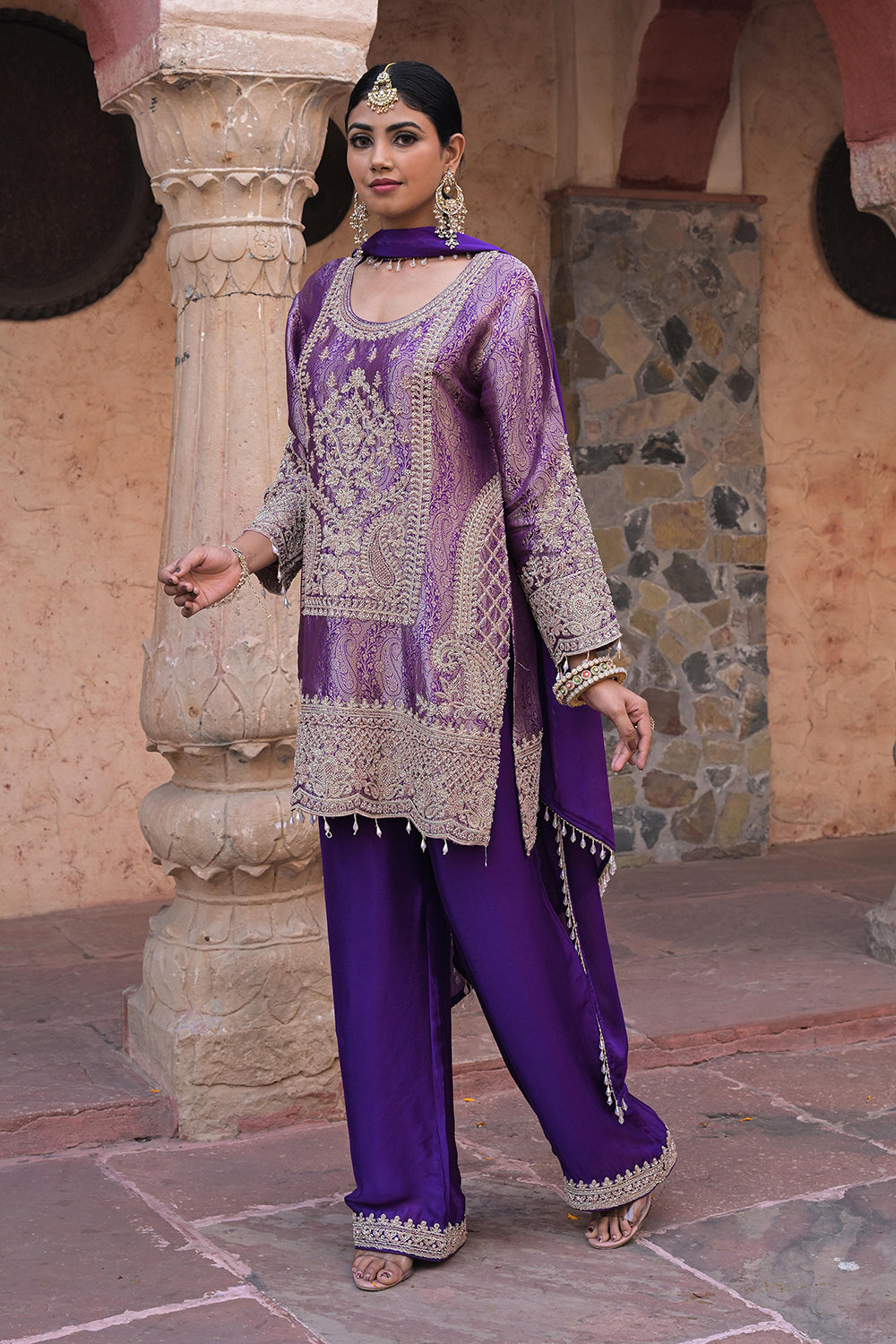 Purple Brocade Kurti Pant Set Elegant Festive Party Look