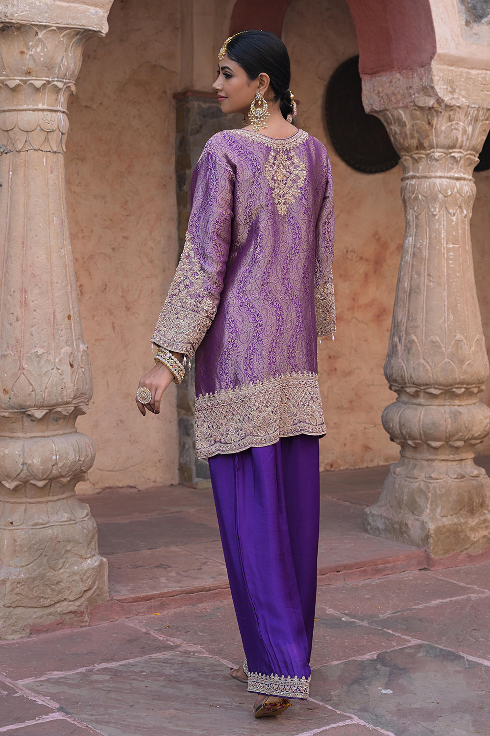 Purple Brocade Kurti Pant Set Elegant Festive Party Look