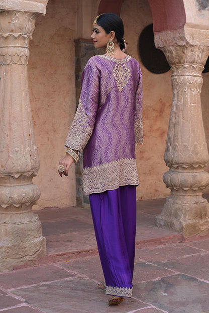 Purple Brocade Kurti Pant Set Elegant Festive Party Look