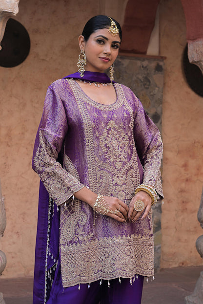 Purple Brocade Kurti Pant Set Elegant Festive Party Look