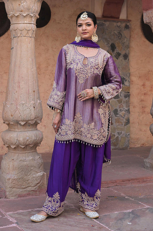 Purple Brocade Kurti Plazzo Set Festive Indian Designer Wear