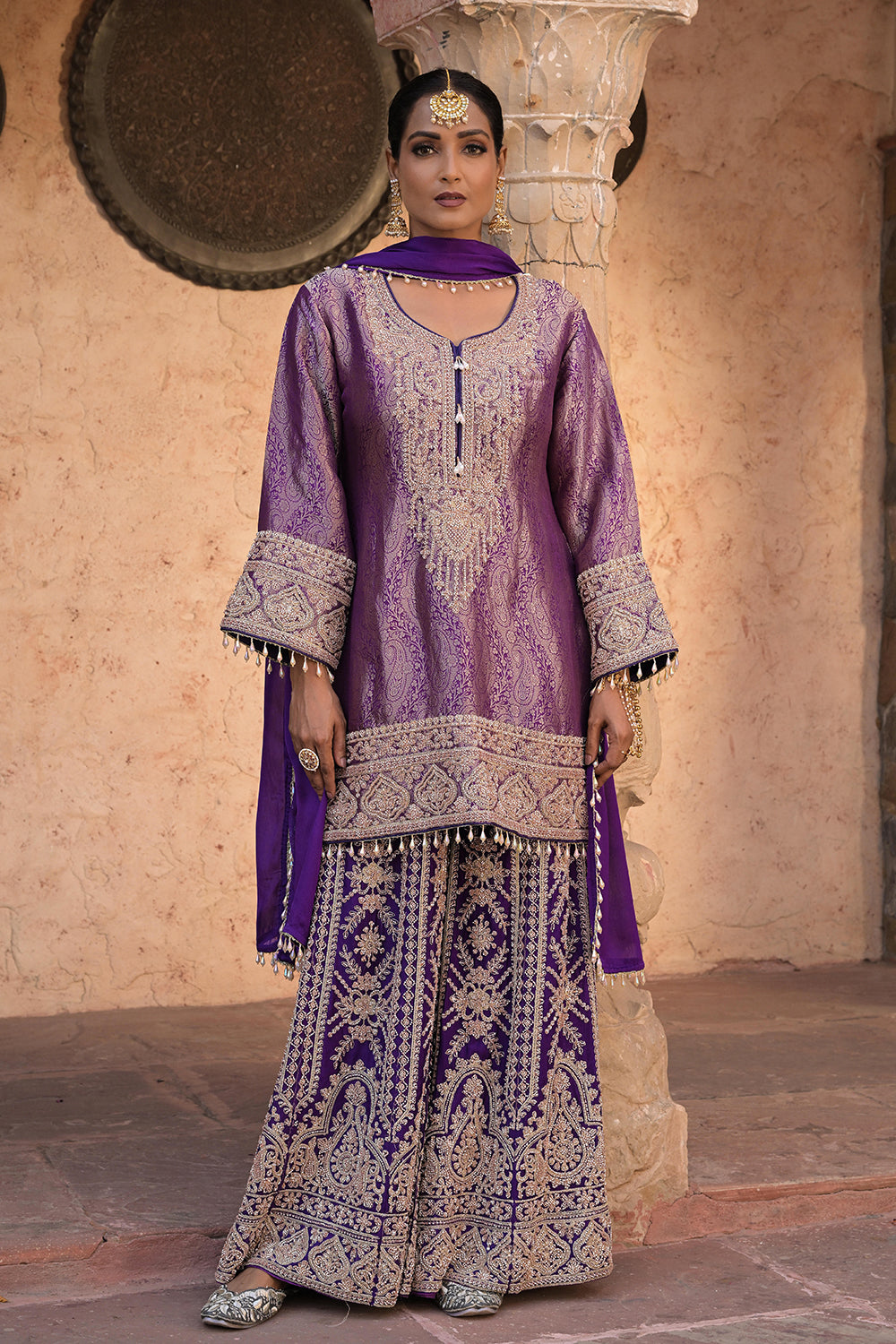 Purple Brocade Kurti Sharara Set Elegant Festive Party Outfit
