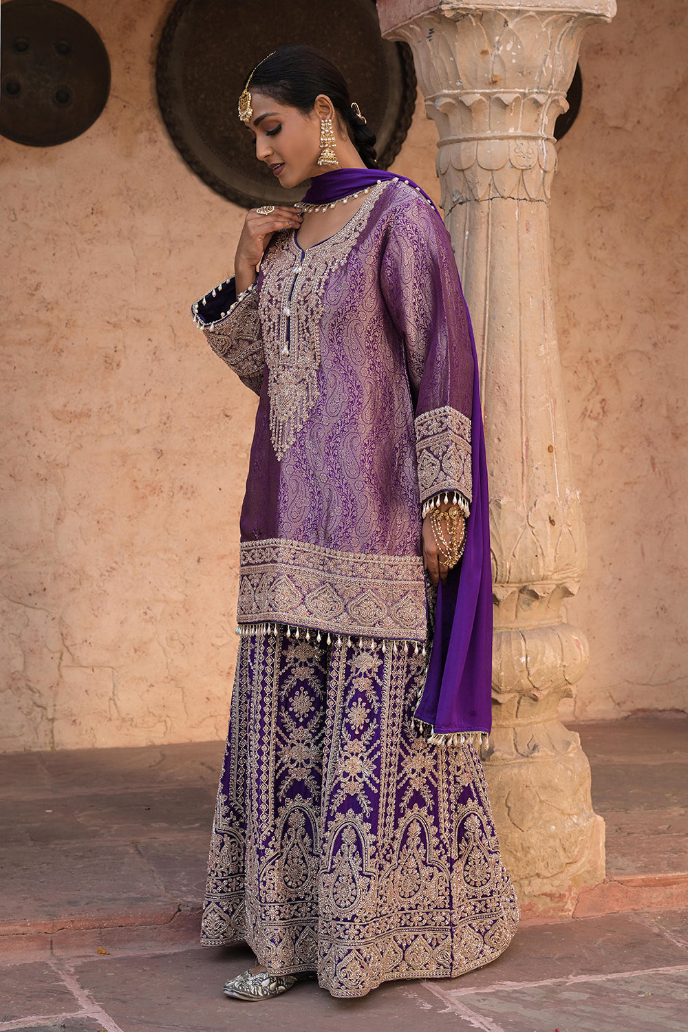 Purple Brocade Kurti Sharara Set Elegant Festive Party Outfit