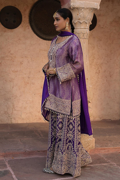 Purple Brocade Kurti Sharara Set Elegant Festive Party Outfit