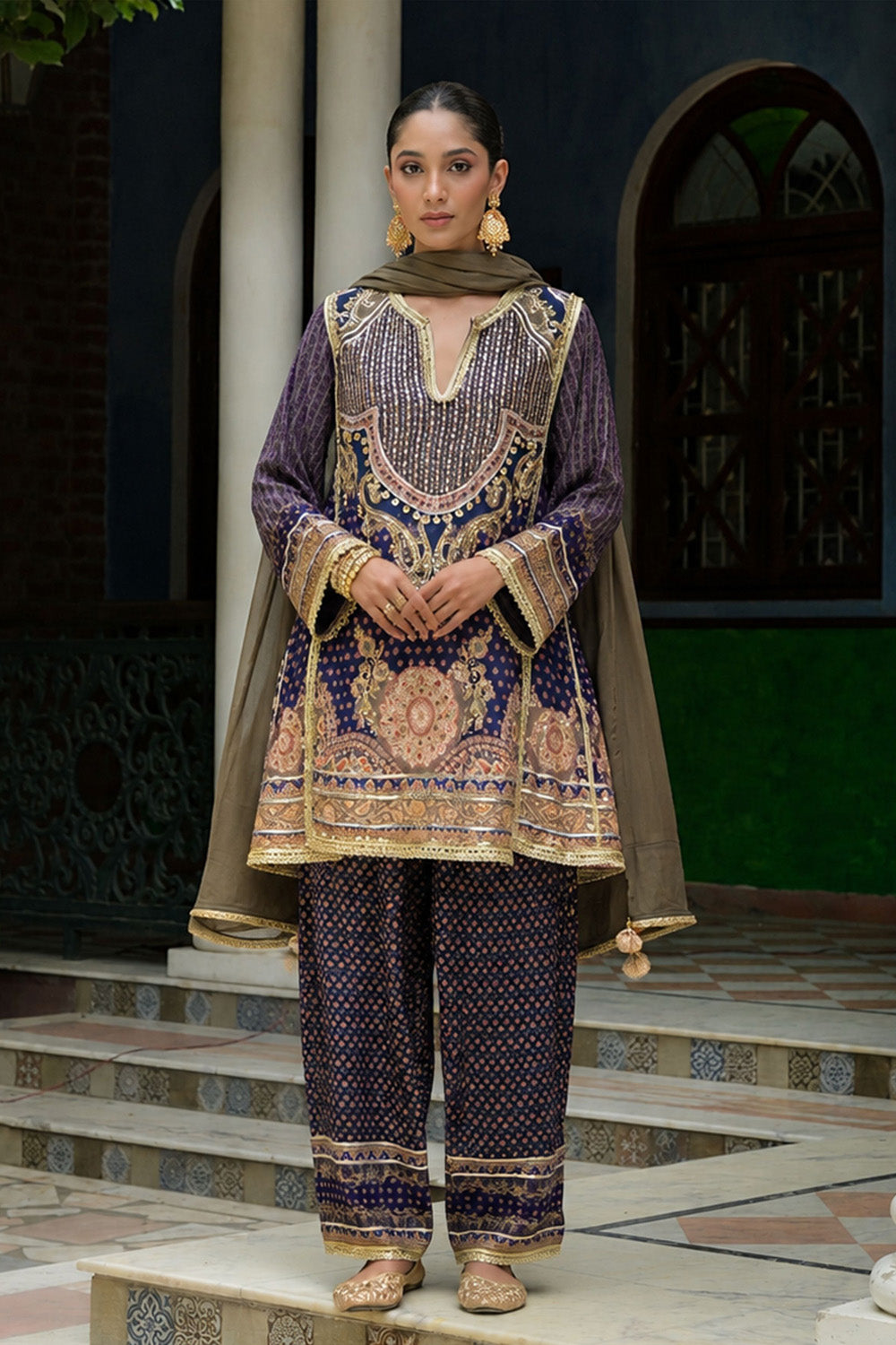Purple Crepe Short Kurta With Printed Farshi Pants And Dupatta