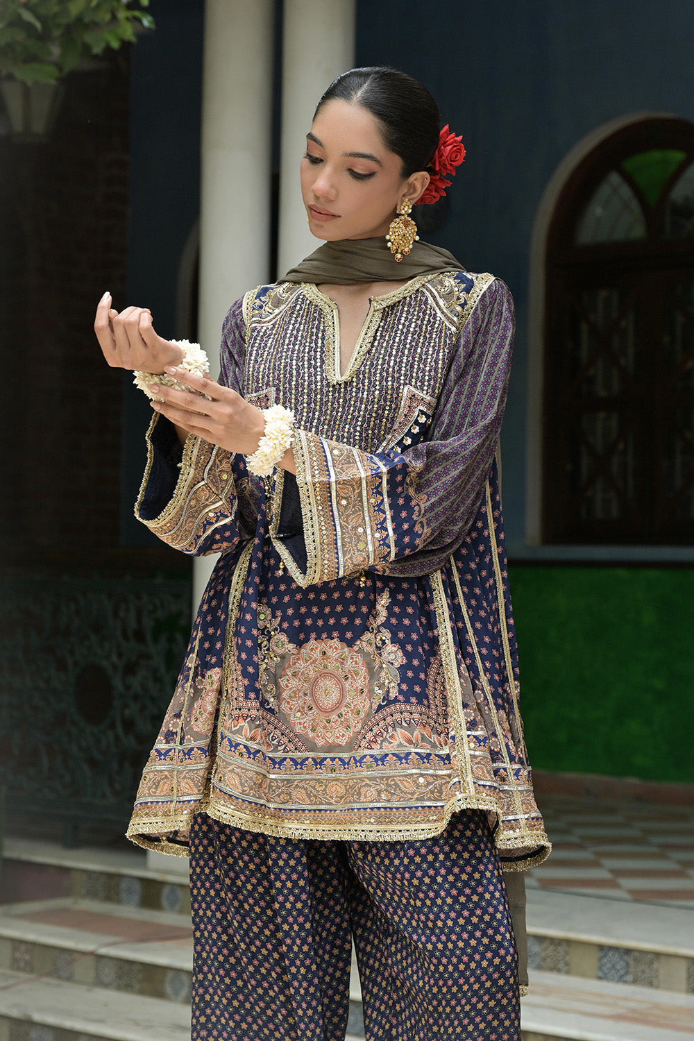 Purple Crepe Short Kurta With Printed Farshi Pants And Dupatta