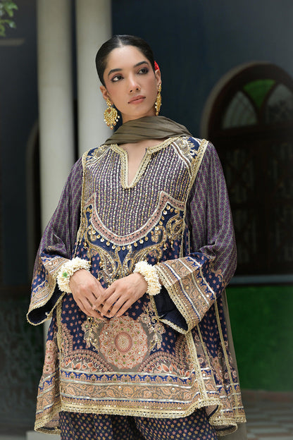 Purple Crepe Short Kurta With Printed Farshi Pants And Dupatta