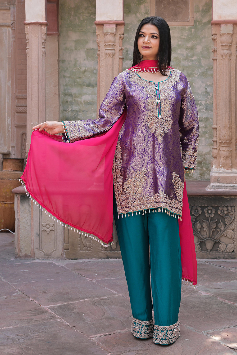 Rama Green Brocade 3D Effect Kurti Teal Pant Ensemble