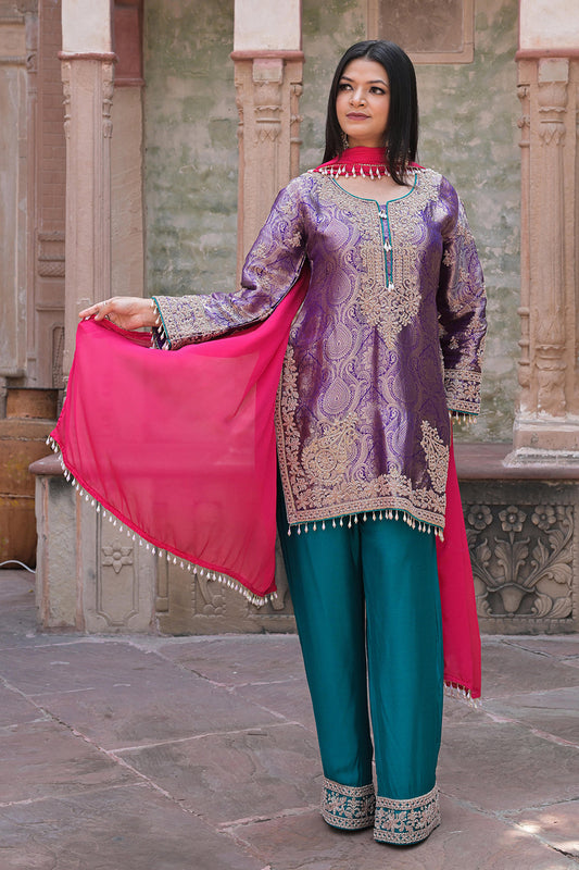 Rama Green Brocade 3D Effect Kurti Teal Pant Ensemble