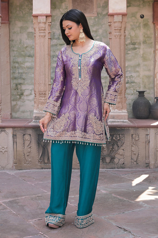 Rama Green Brocade 3D Effect Kurti Teal Pant Ensemble