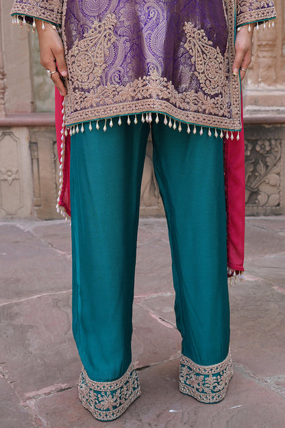 Rama Green Brocade 3D Effect Kurti Teal Pant Ensemble