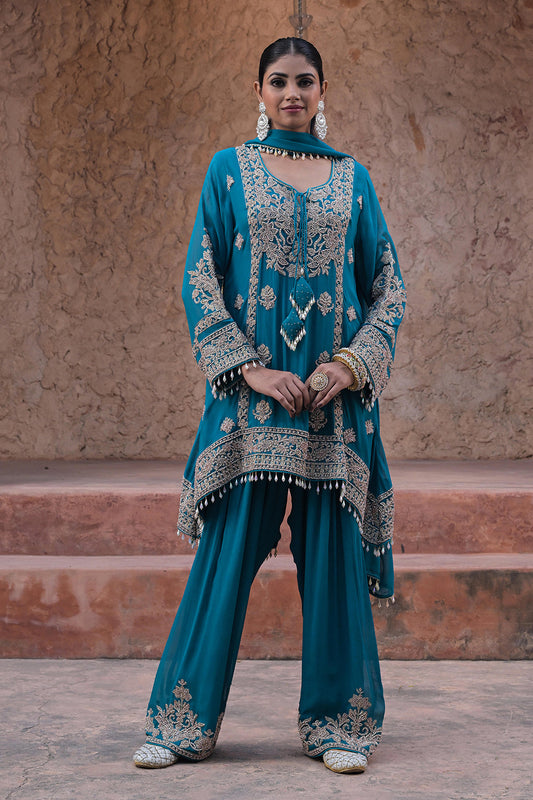 Rama Green Georgette Beads Embroidered Kurta Palazzo Set