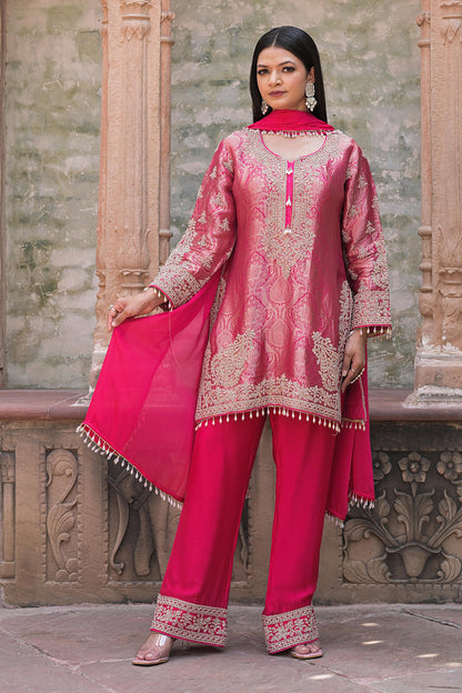 Rani Pink Brocade Kurti Pant Set Elegant Indian Wear