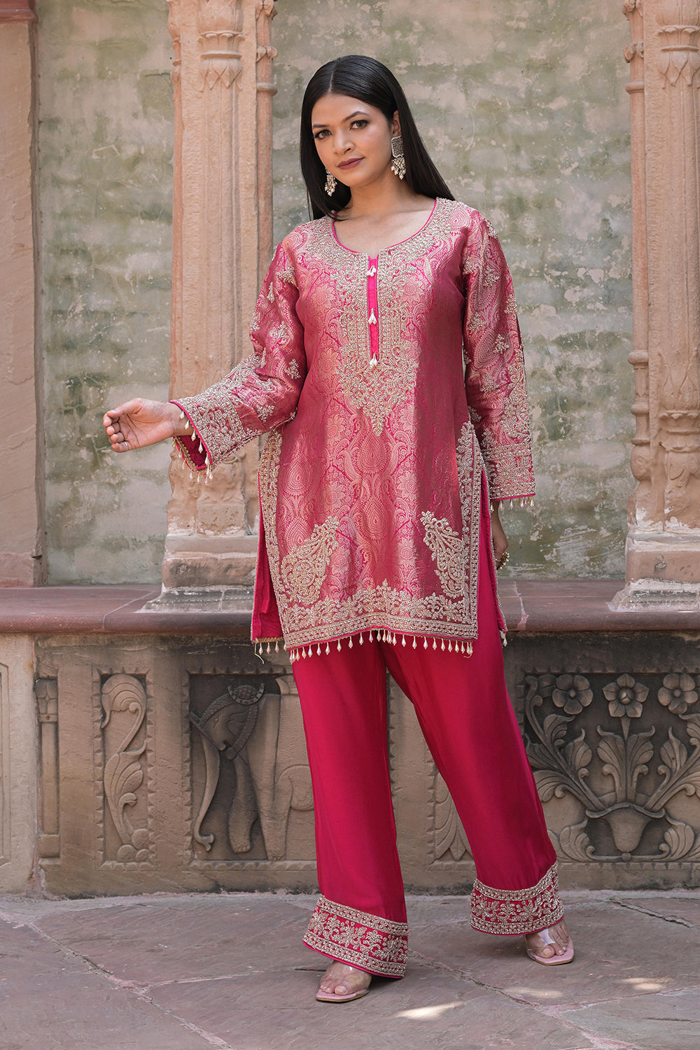 Rani Pink Brocade Kurti Pant Set Elegant Indian Wear