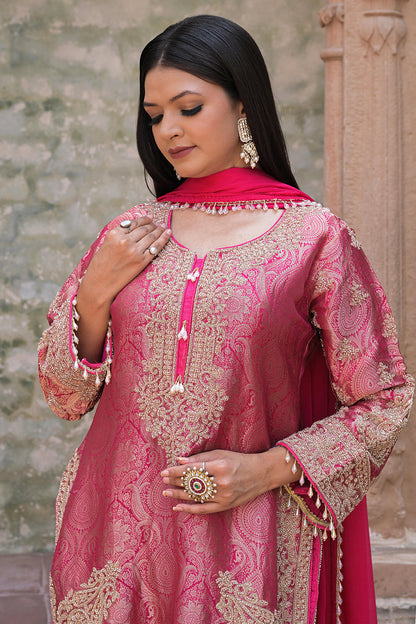 Rani Pink Brocade Kurti Pant Set Elegant Indian Wear