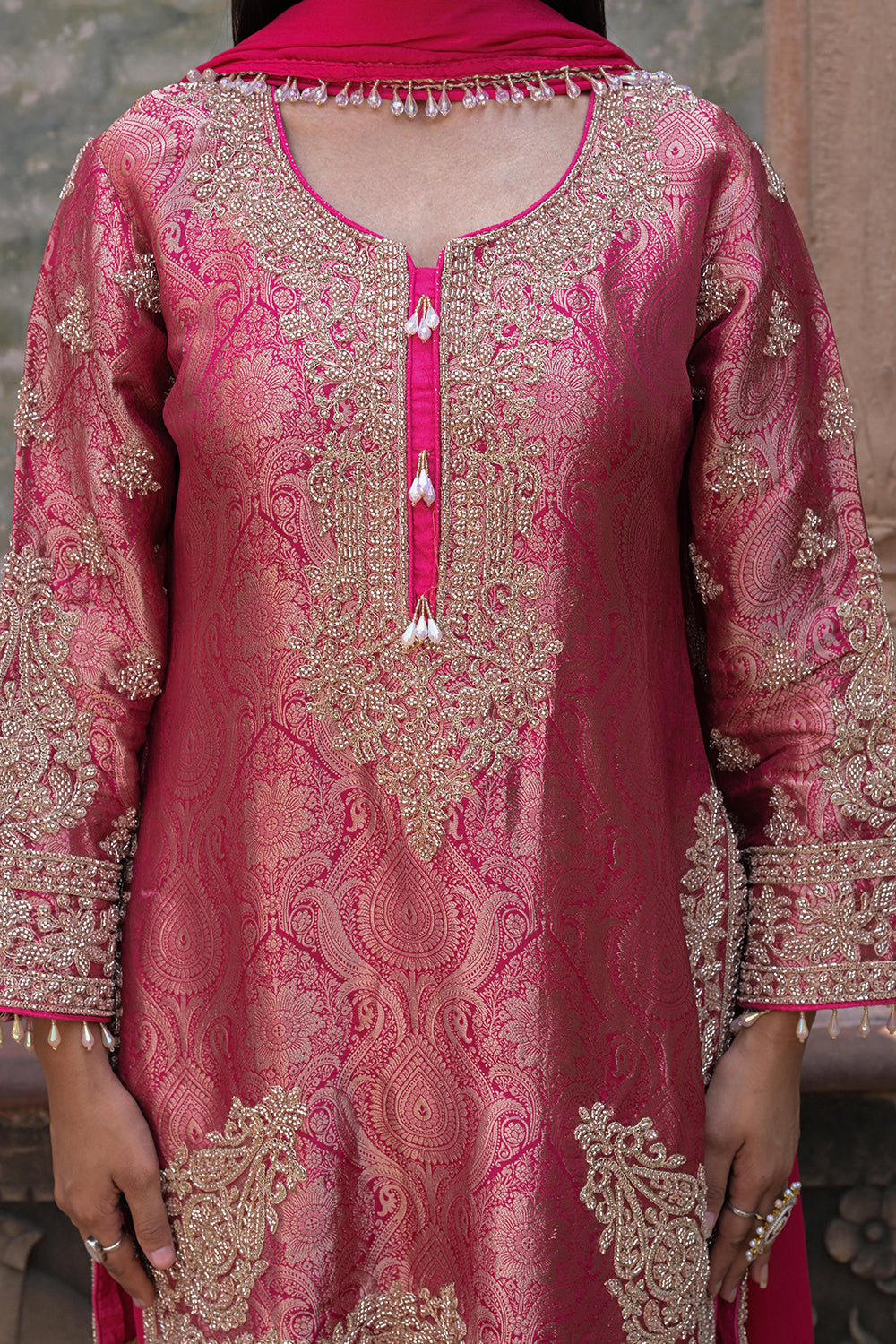 Rani Pink Brocade Kurti Pant Set Elegant Indian Wear