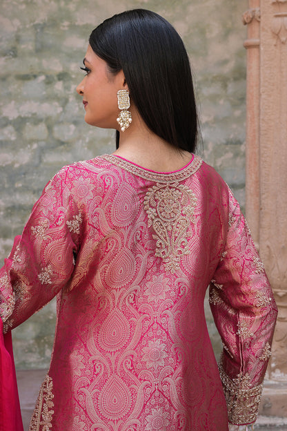 Rani Pink Brocade Kurti Pant Set Elegant Indian Wear