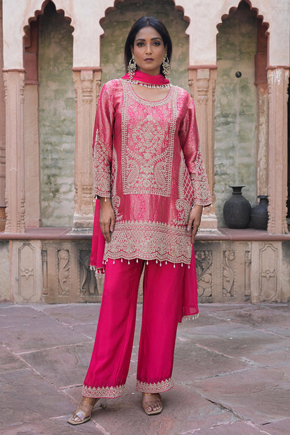 Rani Pink Brocade Kurti Pant Set Indian Party Outfit