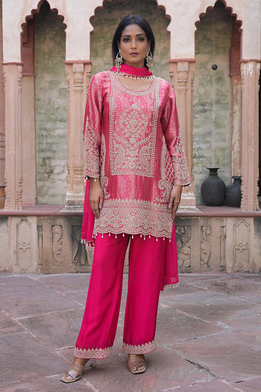 Rani Pink Brocade Kurti Pant Set Indian Party Outfit