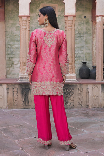 Rani Pink Brocade Kurti Pant Set Indian Party Outfit