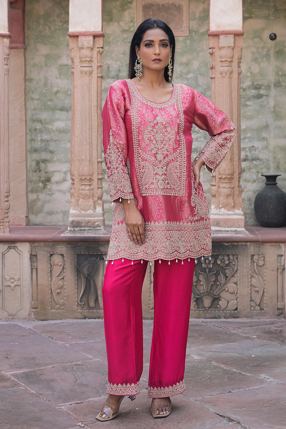 Rani Pink Brocade Kurti Pant Set Indian Party Outfit