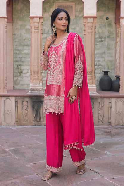 Rani Pink Brocade Kurti Pant Set Indian Party Outfit