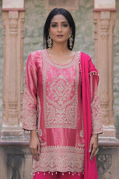 Rani Pink Brocade Kurti Pant Set Indian Party Outfit