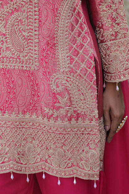 Rani Pink Brocade Kurti Pant Set Indian Party Outfit