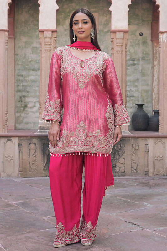 Rani Pink Brocade Kurti Plazzo Set Ethnic Party Look