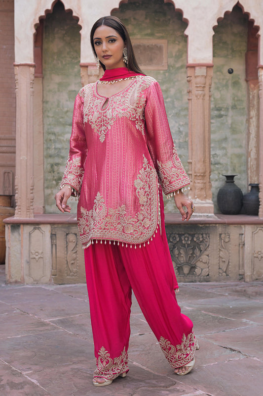 Rani Pink Brocade Kurti Plazzo Set Ethnic Party Look