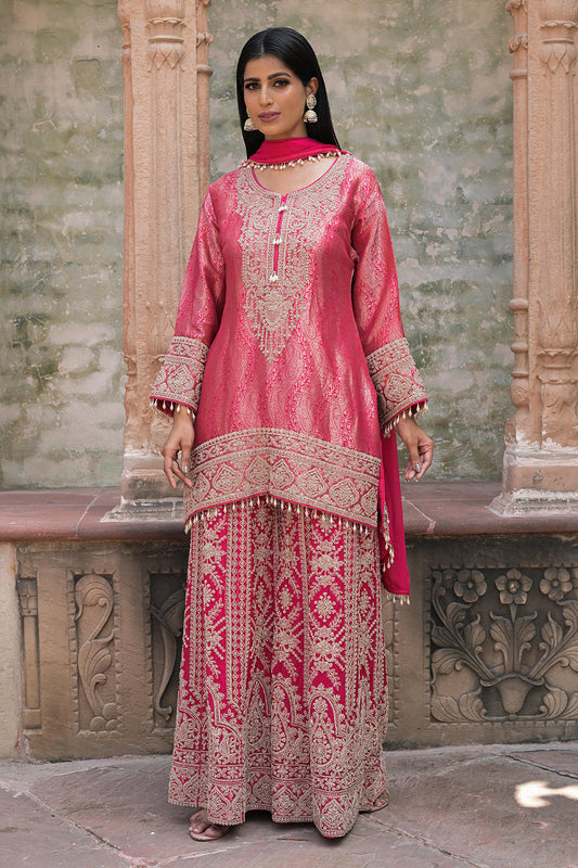 Rani Pink Brocade Kurti Sharara Set Indian Ethnic Wear