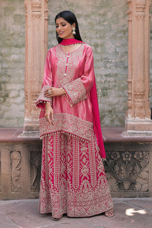 Rani Pink Brocade Kurti Sharara Set Indian Ethnic Wear