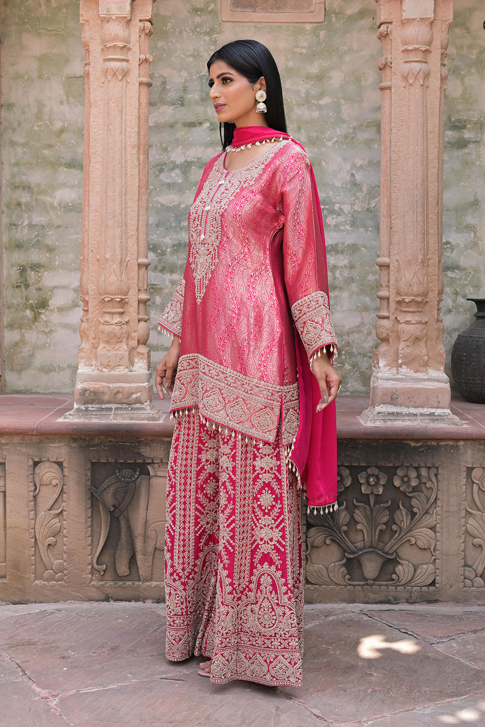 Rani Pink Brocade Kurti Sharara Set Indian Ethnic Wear