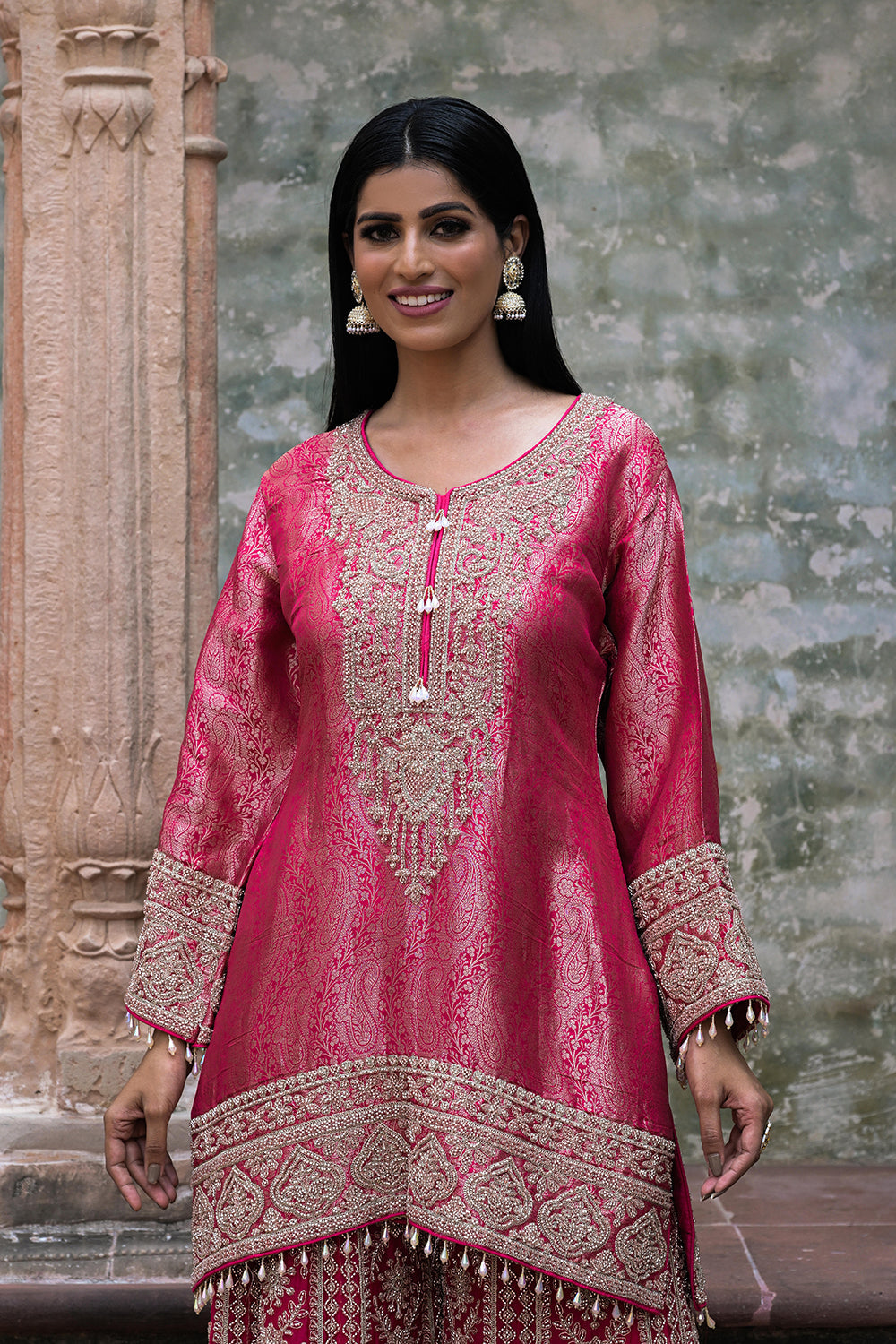 Rani Pink Brocade Kurti Sharara Set Indian Ethnic Wear