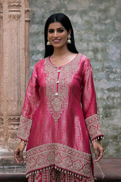 Rani Pink Brocade Kurti Sharara Set Indian Ethnic Wear