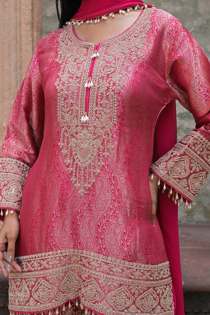 Rani Pink Brocade Kurti Sharara Set Indian Ethnic Wear