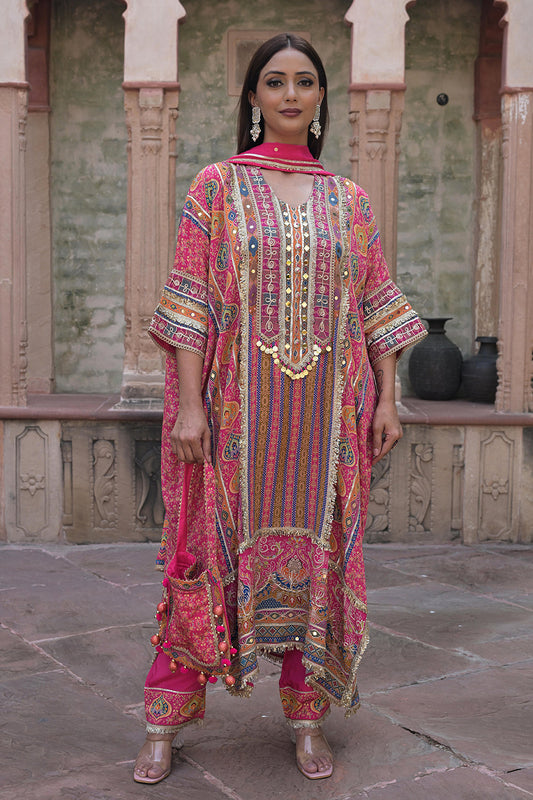 Rani Pink Crepe Kaftan Pant Set Ethnic Party Outfit