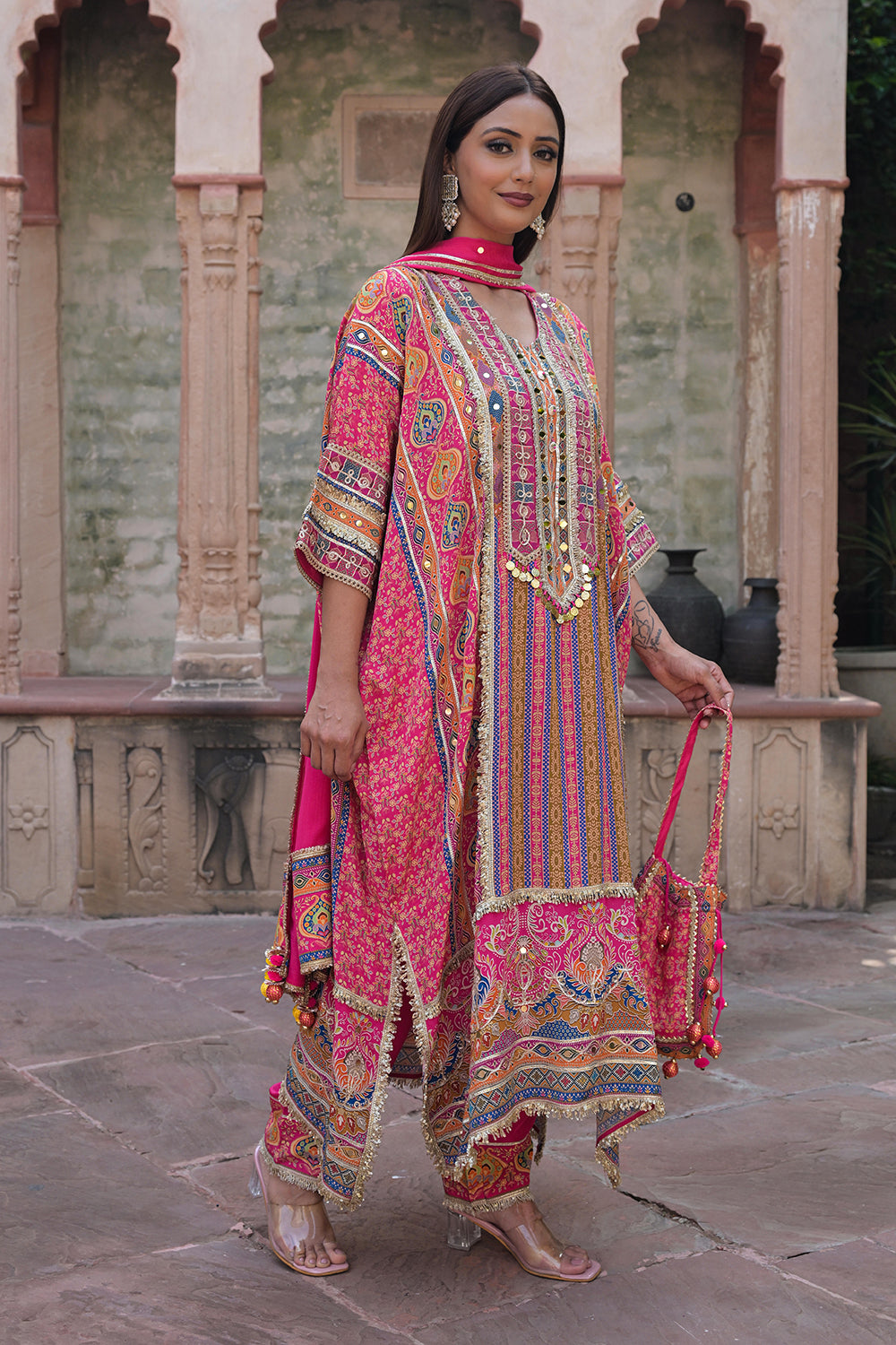 Rani Pink Crepe Kaftan Pant Set Ethnic Party Outfit