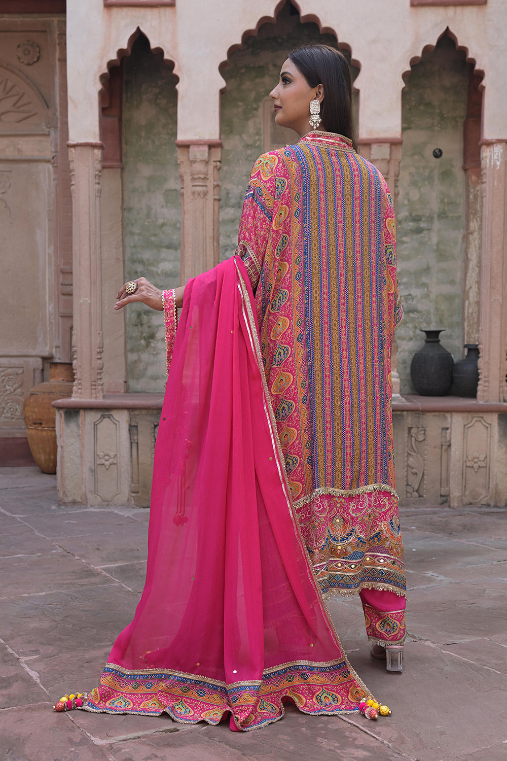 Rani Pink Crepe Kaftan Pant Set Ethnic Party Outfit