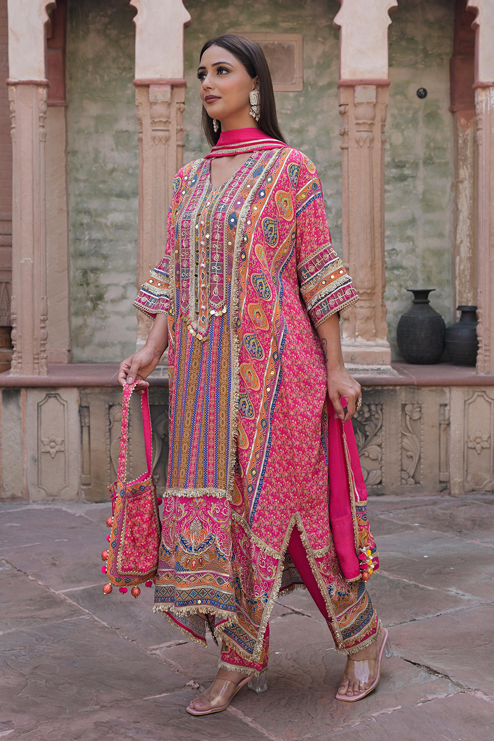 Rani Pink Crepe Kaftan Pant Set Ethnic Party Outfit
