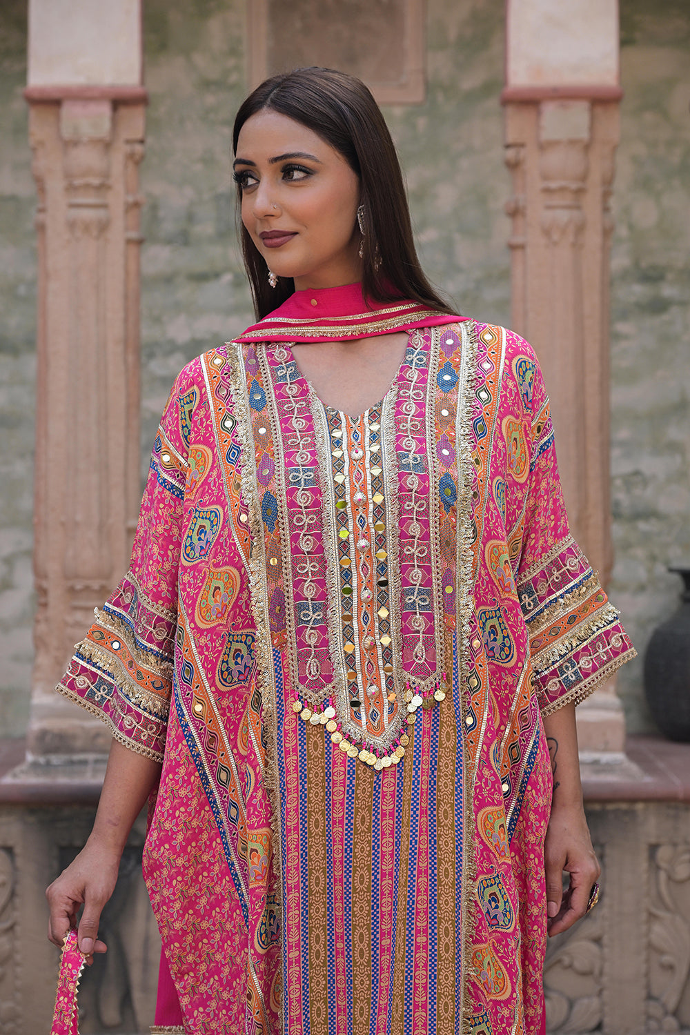 Rani Pink Crepe Kaftan Pant Set Ethnic Party Outfit