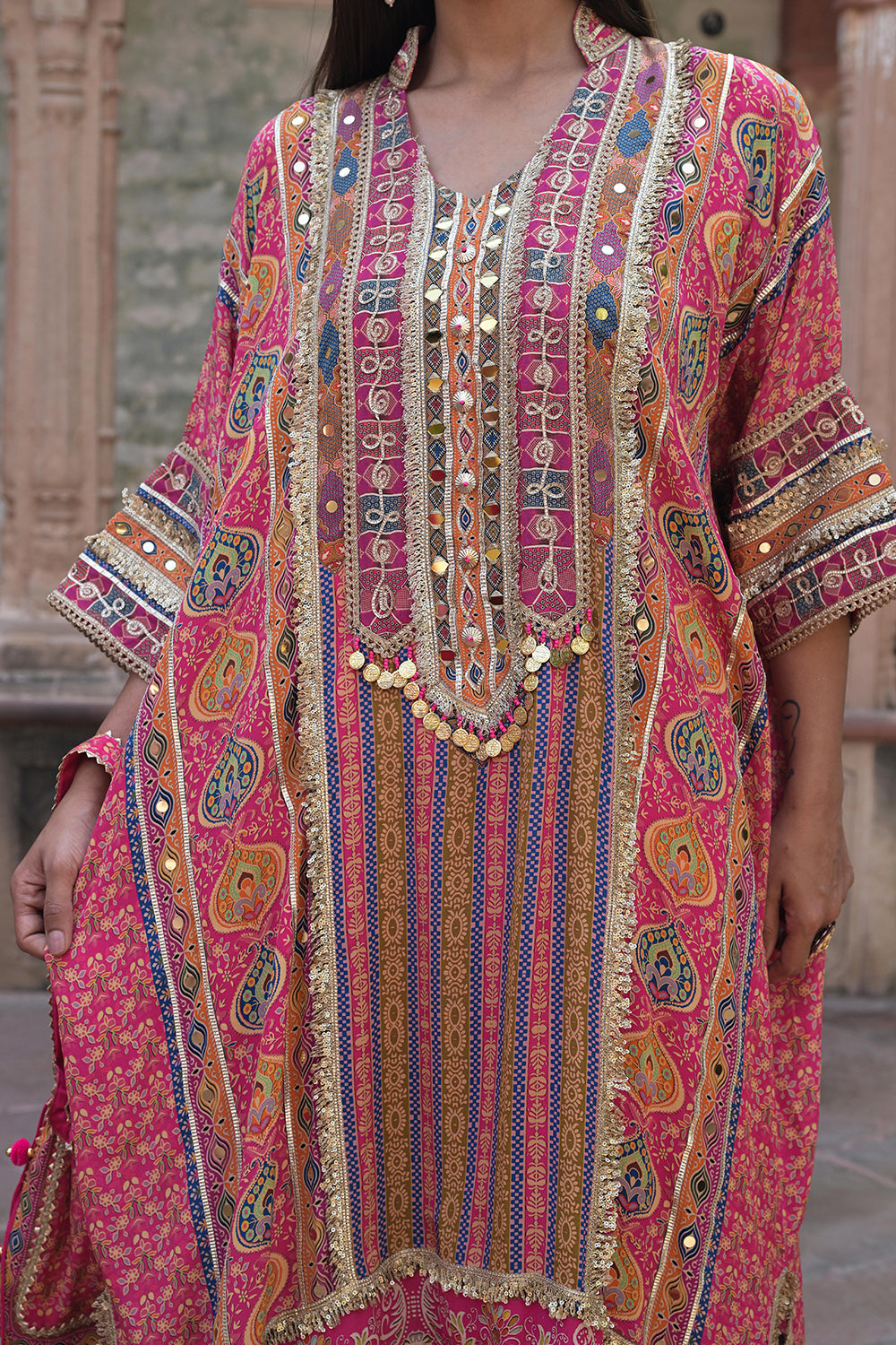 Rani Pink Crepe Kaftan Pant Set Ethnic Party Outfit