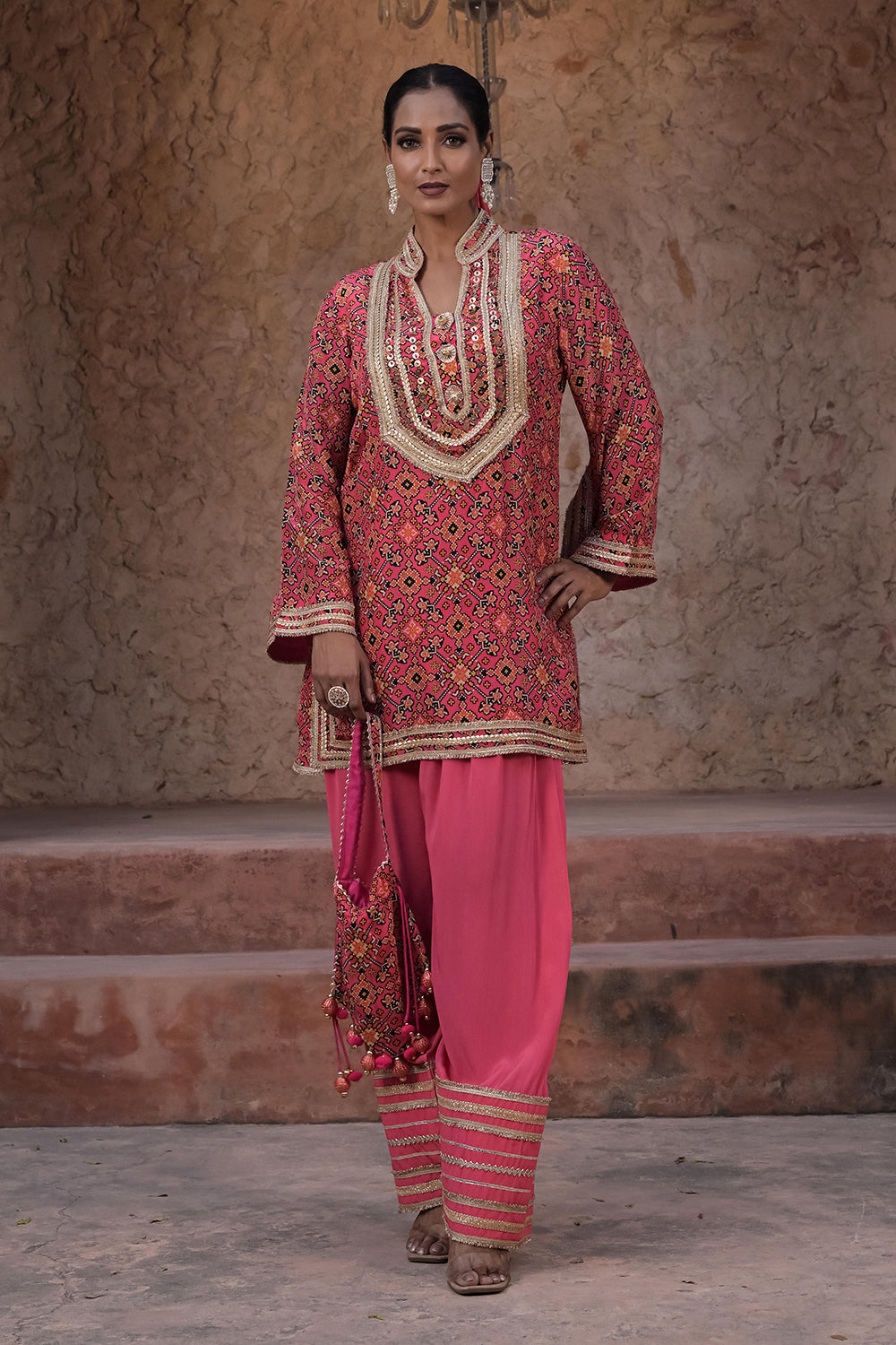 Rani Pink Crepe Kurti Salwar Set Contemporary Festive Fashion