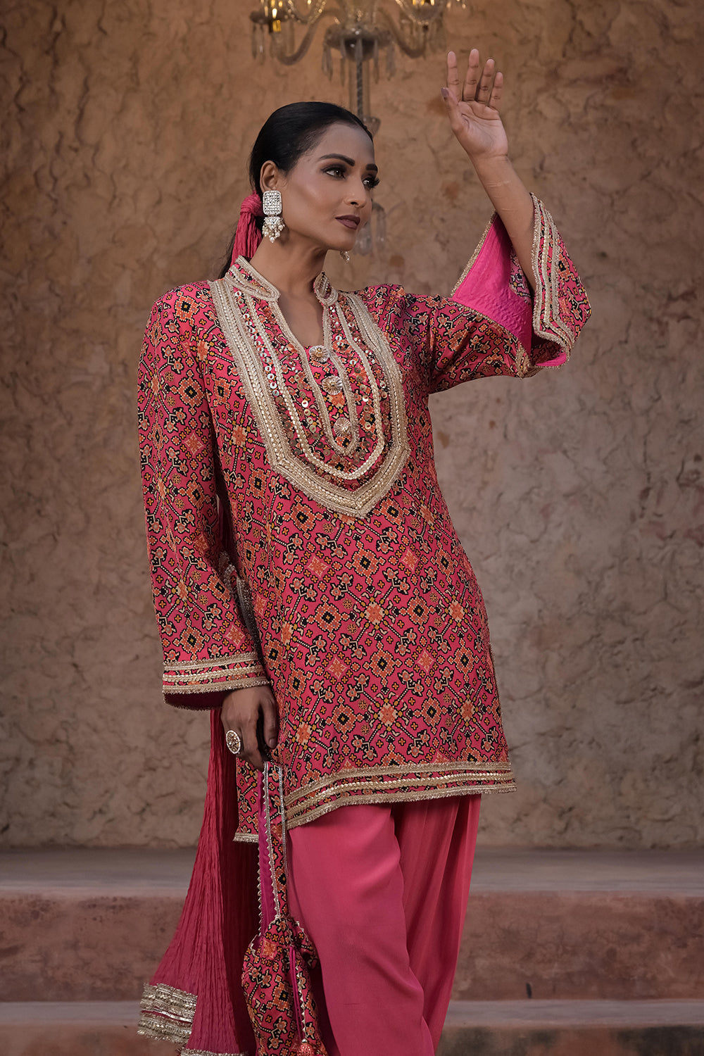 Rani Pink Crepe Kurti Salwar Set Contemporary Festive Fashion