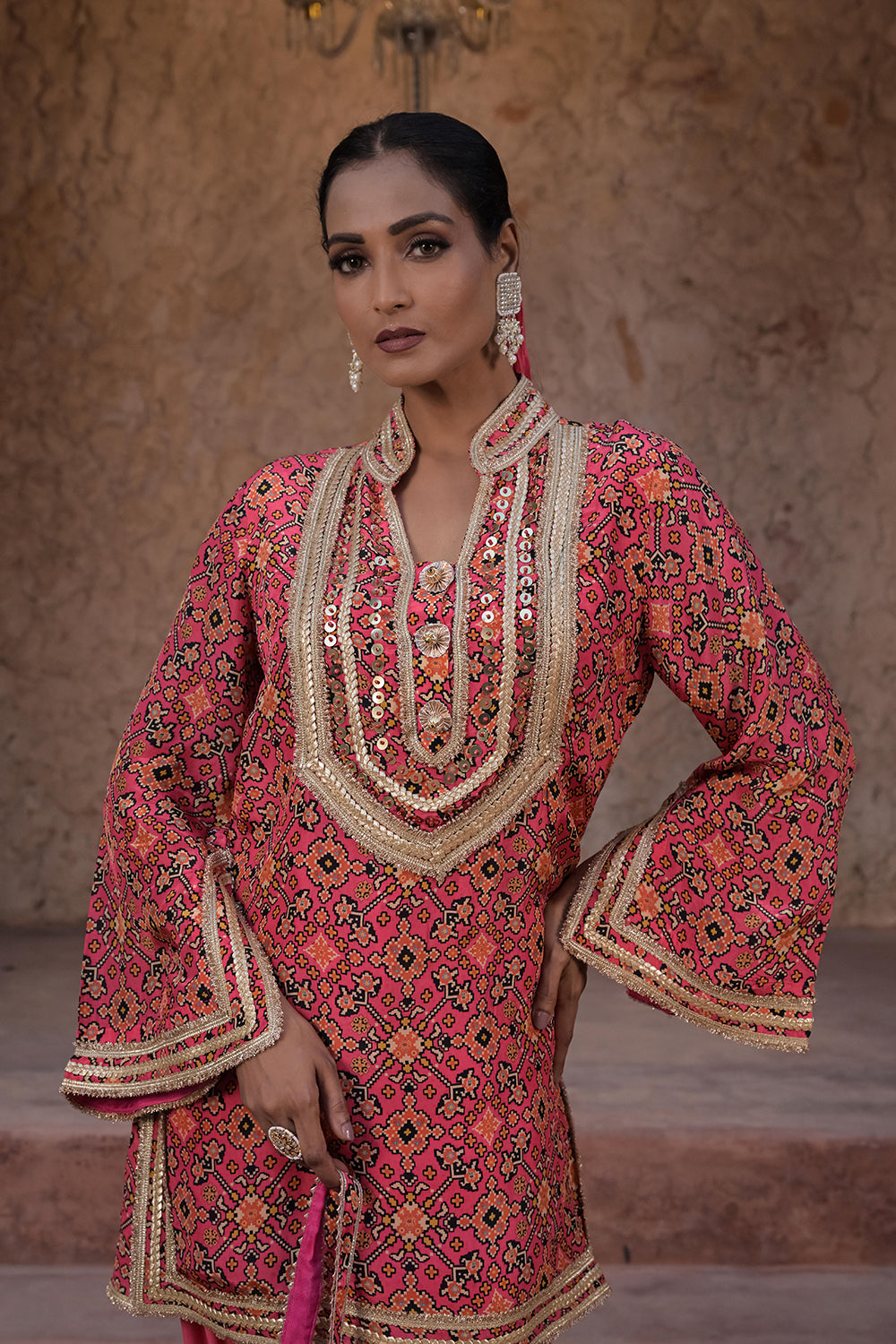 Rani Pink Crepe Kurti Salwar Set Contemporary Festive Fashion